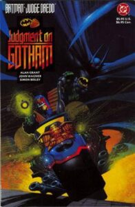 Judgement on Gotham cover, showing Batman and Judge Dredd