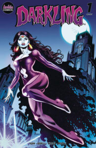 Cover of Darkling #1, showing the eponymous heroine in a purple costume and black cloak, flying in front of some university buildings at night, credited to Kuhn, Borelli, Wright, Morelli