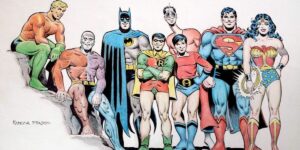 The Super Friends: Aquaman, Metamorpho, Batman, Robin, Plastic Man, Aqualad, Superman, Wonder Woman,. Signed "Ramona Fradon".