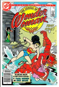 Cover of The Legend of Wonder Woman, showing Diana punching a sea monster, saving a girl called Suzie, while in the background is the villain Atomia. Signed 'Trina Robbins' Text: DC: 4 Part Miniseries. First Issue! The Amazing Amazon as you've Never Seen Her! By Trina Robbins and Kurt Busiek.